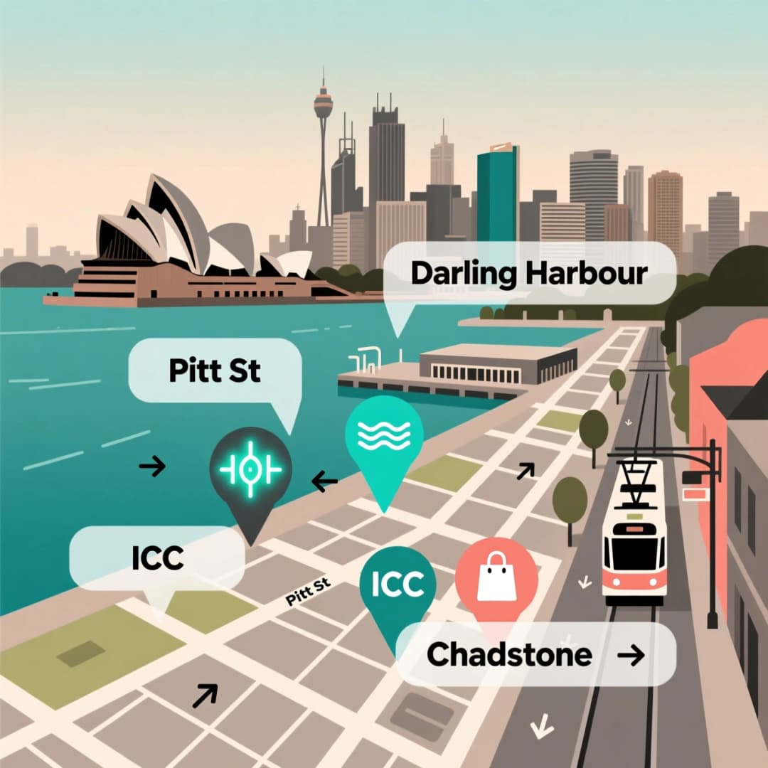 Map of Sydney/Melbourne hotspots with activation types (Pitt St, Darling Harbour, ICC, Chadstone)