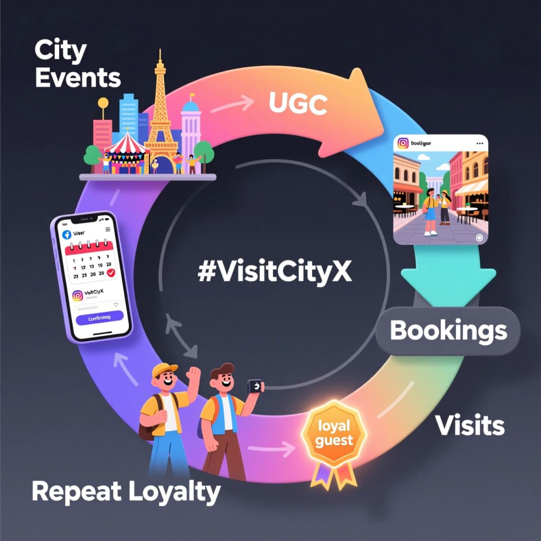 Concept loop: city events → UGC → bookings → visits → repeat loyalty