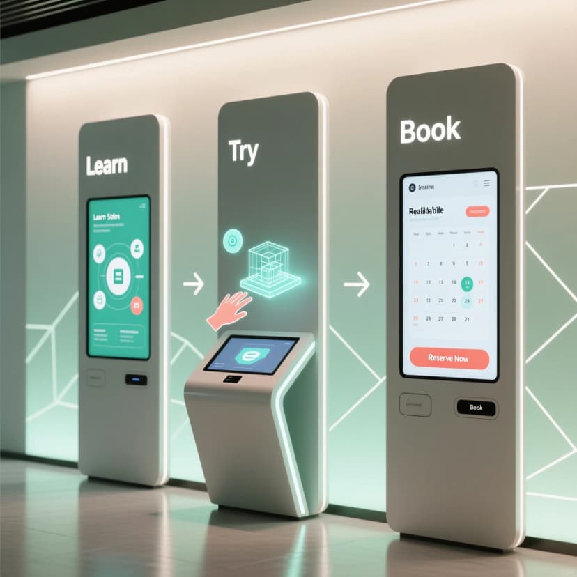 Three-step experience stations (learn → try → book)