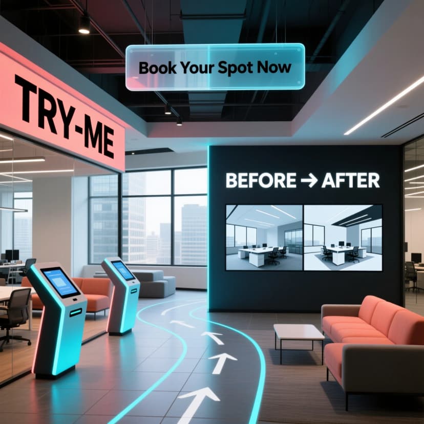 Try-me/Before-After zones with booking guidance on site