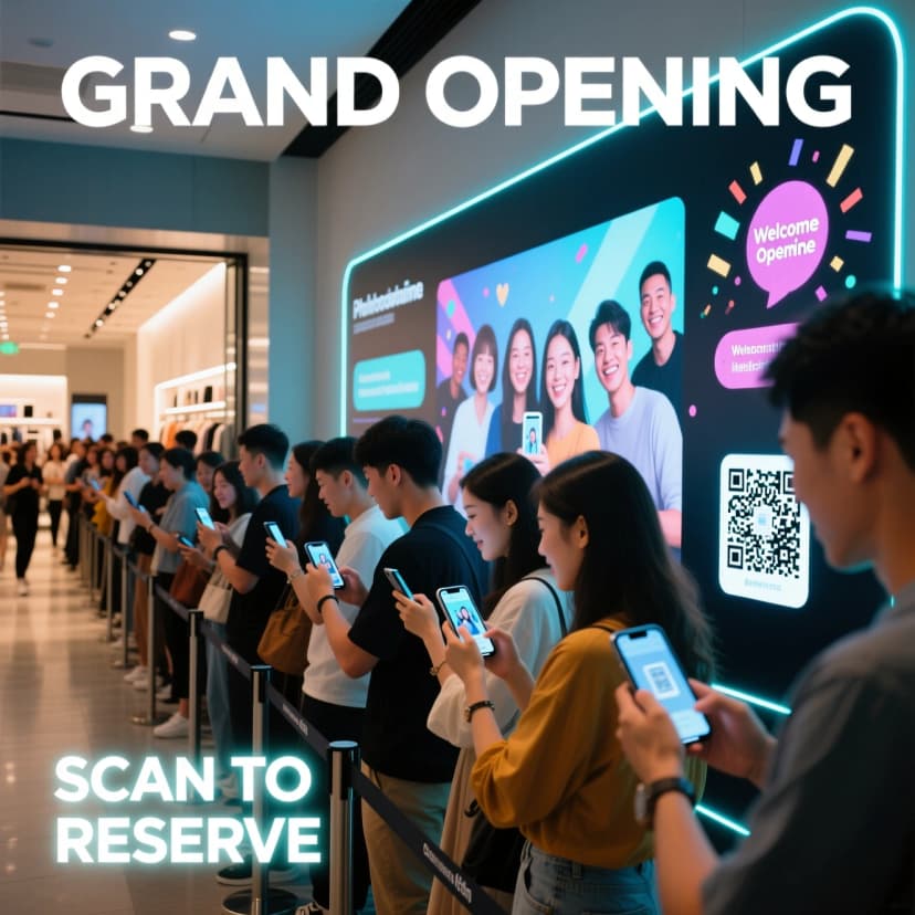 Grand opening queue and photowall; guests scanning to reserve