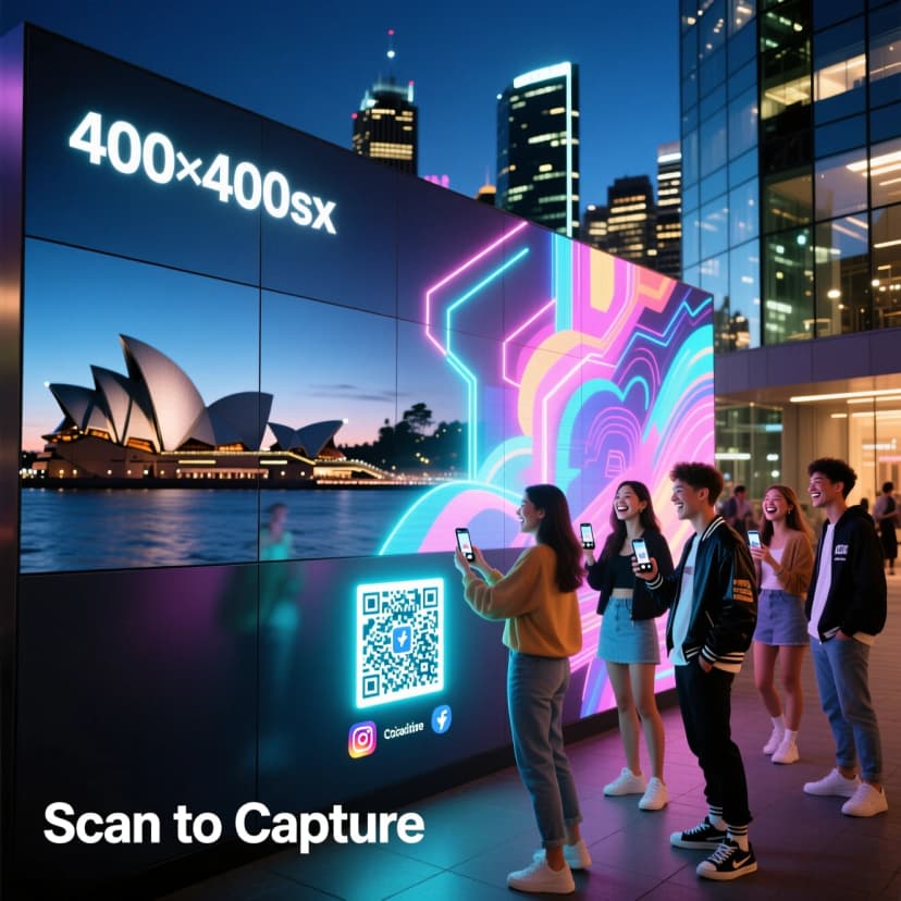 Immersive brand activation in Sydney CBD; guests scanning a booking QR at the photowall