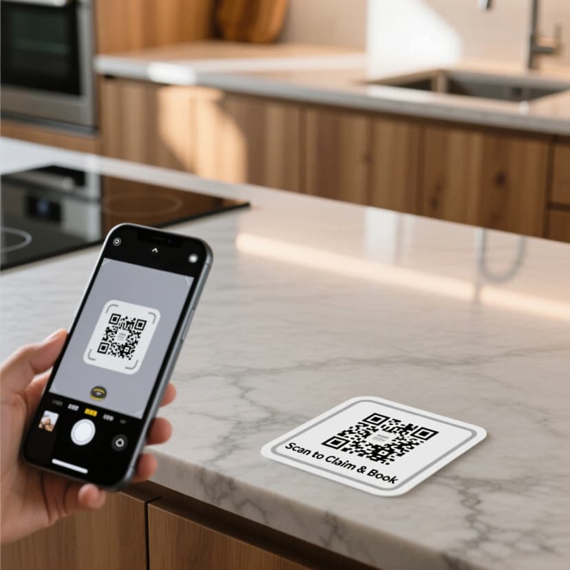 Countertop promo QR; customer scanning to claim and book
