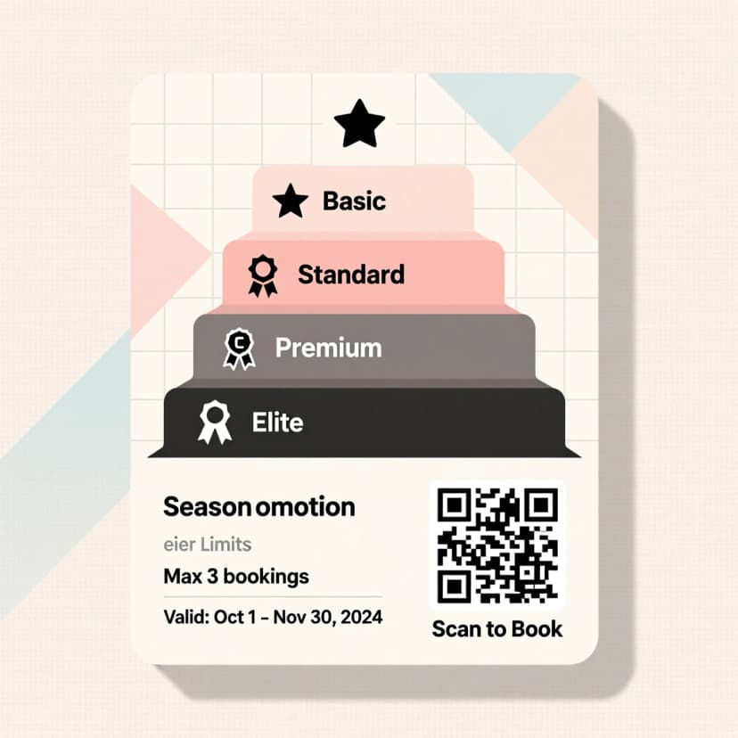 Seasonal promotion matrix (tiers/limits/validity/QR to book)